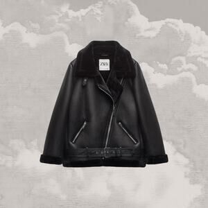 ZARA Biker Moto Jacket Coat Womens Faux Leather Fur Size XS EUC Black Aviator